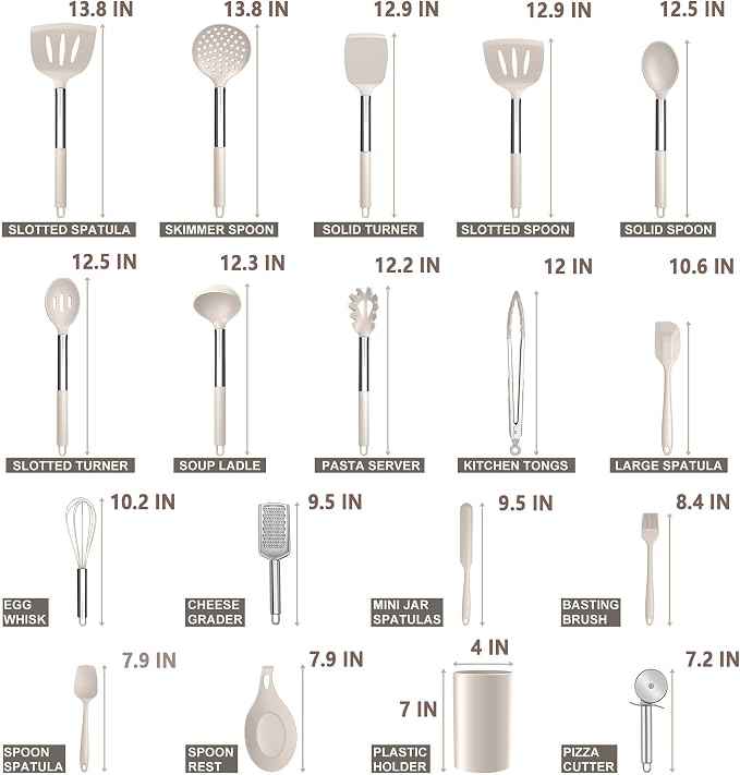 E-far Silicone Cooking Utensils Set, 30-Piece Khaki Kitchen Utensils Set | Heat Resistant Nonstick Cookware, Kitchen Tools Spatulas with Stainless Steel Handle, Spatulas Turner Tong Spoon Whisk Ladle
