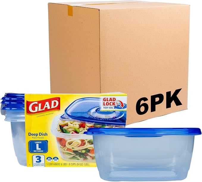 Glad GladWare Deep Dish Food Storage Containers, 64 Oz, 3 Count, 6-Pack | Lock-tight seal for soups, salads, and meal prep in a large rectangle format; microwave and dishwasher safe