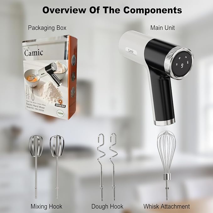 Camic Electric Hand Mixer with 9 Speeds, Powerful Motor, Cordless Hand Mixer with Whisk, Dough Hook and Mixing Rod for Whipping Eggs, Cream, Butter, Jam, Kneading Dough and Blending (White+Black)