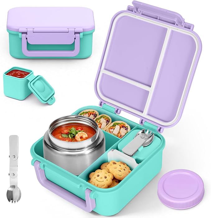 Bento Box for Kids, Lunch Box with Thermo(9oz Food Jar), Silicone Sauce Cup, Stainless Steel Spoon & Removable Divider, Kids Lunch Box Set for Girls Boys Back to School, Purple/Blue