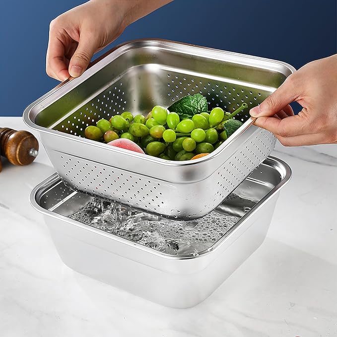 2-in-1 Stainless Steel Washing Up Bowl Set, 12.8" Sturdy Square Dish Tub with Colander, Fruit Vegetable Washing Basin for Sink, Food Grade Dishpan for Draining Rice, Pasta, Food Strainer Mixing Bowl
