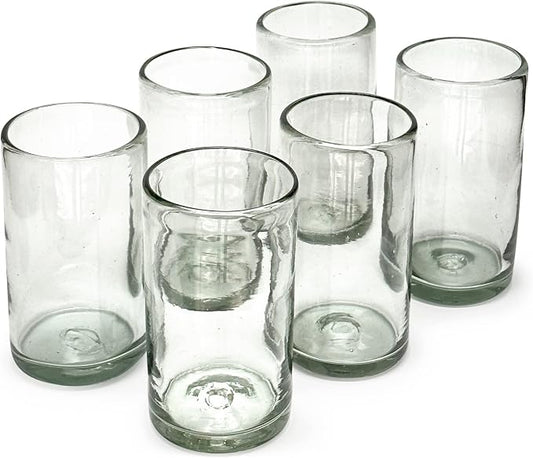 18 oz Hand Blown Mexican Drinking Glasses - Set of 6 tumblers, 18 fl oz each, Clear