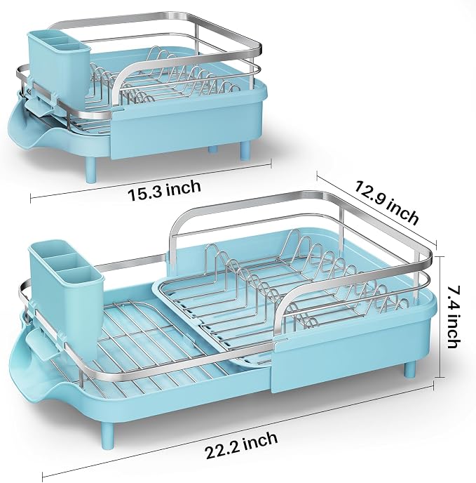 SAYZH Expandable Dish Drying Rack for Small Kitchen Counter, Blue | Stainless Steel, Protective Guardrail, Angled Drainboard, Fits High-Rim Sinks, Removable Utensil Holder