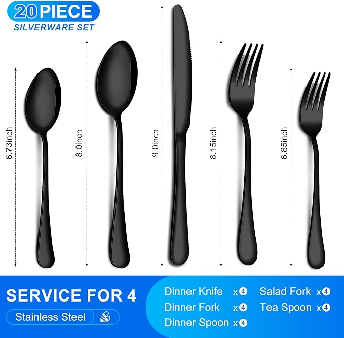 20-Piece Black Silverware Set for 4, Stainless Steel Flatware Set with Spoons Forks and Knives, Dishwasher Safe Cutlery Set for Home Kitchen Restaurant