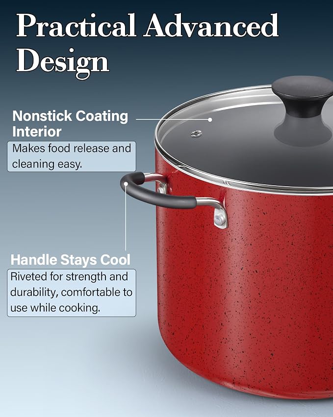 Cook N Home 6 Quart Non Stick Stock Pot with Lid, Large Pots for Cooking | Nonstick Soup Pot, Stockpot Induction Cookware - Oven & Dishwasher Safe, Marble Red