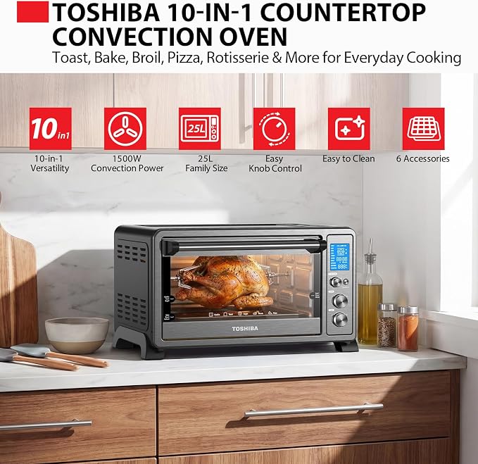 TOSHIBA 10-in-1 Convection Toaster Oven, 6-Slice Countertop Oven, 1500W | Bake, Broil, Rotisserie & Pizza Functions, LCD Knob Controls, 6 Accessories, with Toast, 1500W, Black Stainless Steel