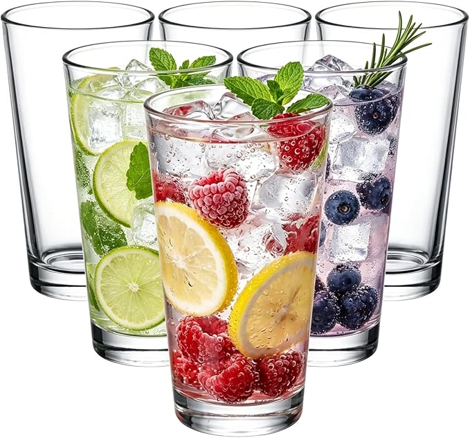 QAPPDA 16oz Highball Glasses Set of 6, Thick Clear Tall Drinking Glasses | Dishwasher Safe Water Glassware For Bar, Juice, Beer, Iced Tea, Everyday Cordial Bar Glasses Drinkware