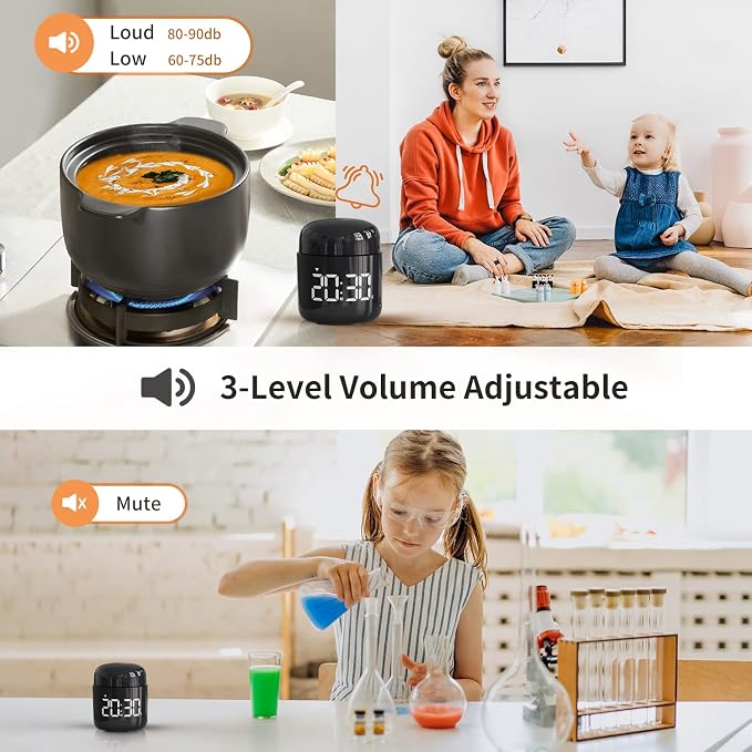 Kitchen Timer, 360 Rotate, Countup/Countdown, LED, Volume | Memory Function Back to School (Black)