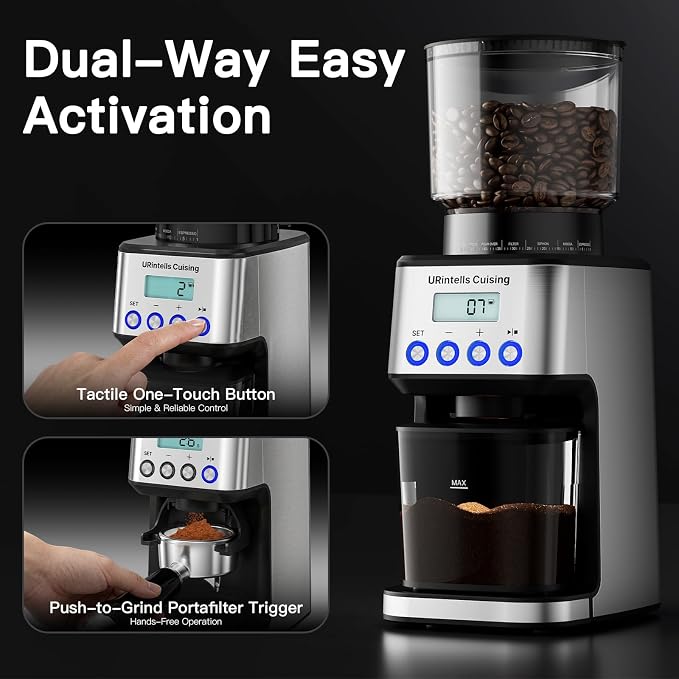 URintells Cuising Burr Coffee Grinder, 51 Grind Setting and Low-Speed Motor | 51-53mm & 58mm Portafilters Holder, Anti-Static Ground Bin, 0.1s Precision Dosing, Hands-Free Grinding, 12.3oz Bean Hopper