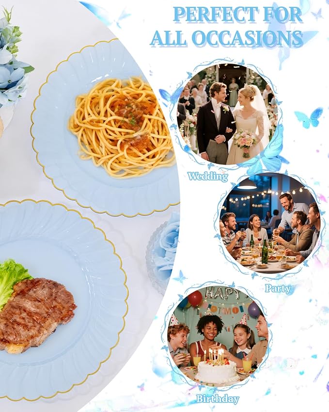 YOUBET 175PCS Clear Blue Scalloped Plastic Plates for Party Wedding | Blue and Gold Disposable Dinnerware Set Include 50 Plates, 75 Gold Silverware, 25 Cups, 25 Napkins for Baby Shower