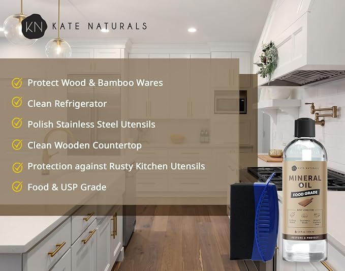 Kate Naturals Mineral Oil for Cutting Board 12oz with Wax Applicator | Food Grade & Food Safe Mineral Oil to Protect Wood on Cutting Boards, Butcher Block & Bamboo Boards