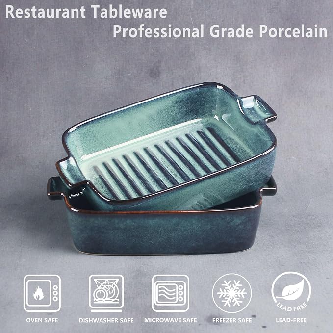 7.1 x 5.9 inch baking pan, 16.9 ounces, rectangular baking pan, ceramic pan, cake pan with handle, suitable for roasting vegetables/meats, lasagna, kitchen, dining room, hazy green.