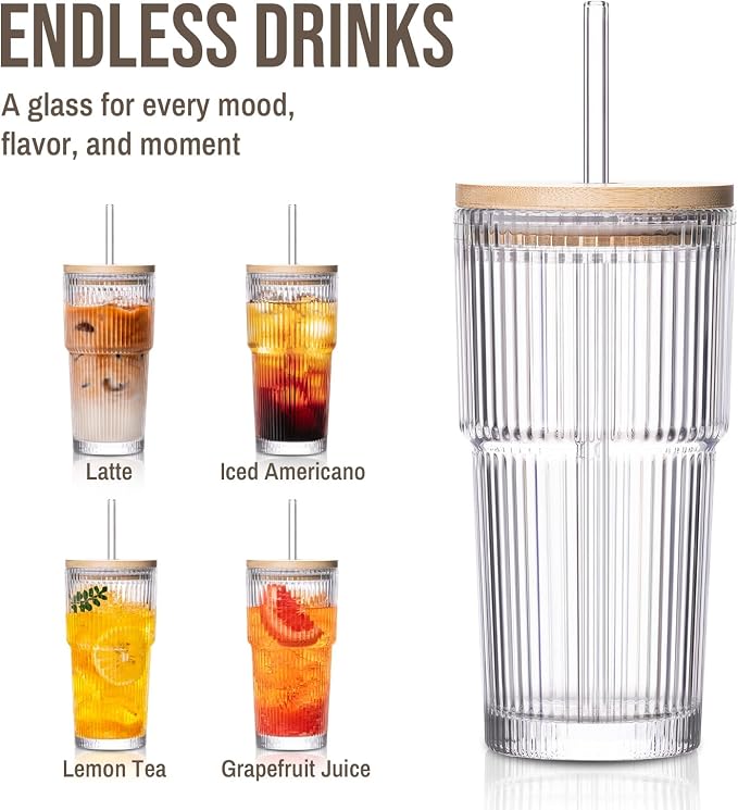SoulTimes 20oz Ribbed Glass Tumbler with Bamboo Lid and Straw – Iced Coffee Glasses Cups for Smoothie, Matcha, Juice, Water etc. Leakproof and Reusable Glassware Drinking for Travel To Go 【2 Pack】