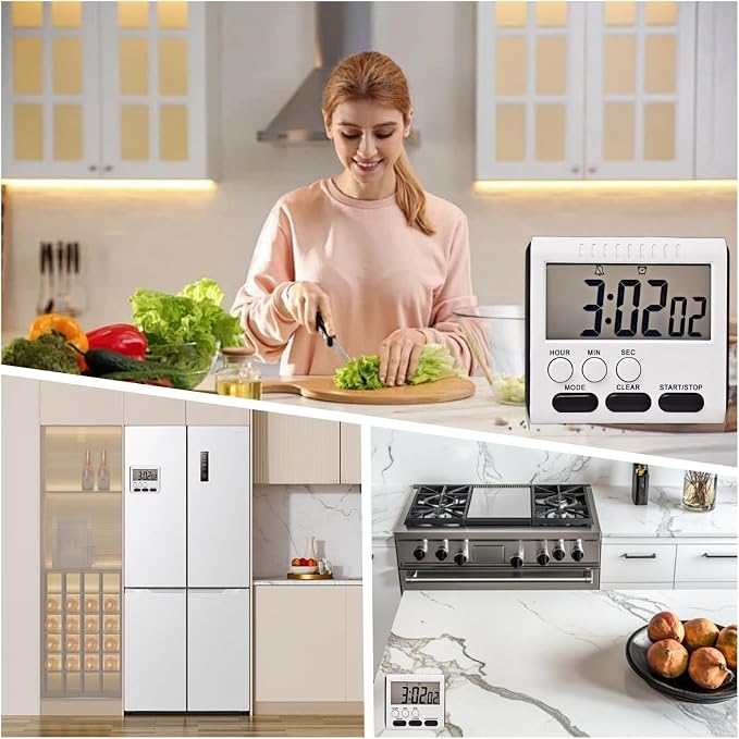 24 Hour Magnetic Timer with Digital Alarm Clock Large Screen, Loud Alarm, Magnetic Back & Hang Hole Kitchen Time with Clip, Fridge Magnet, Stove Timer for Small Spaces Hr Seconds Click Function Black