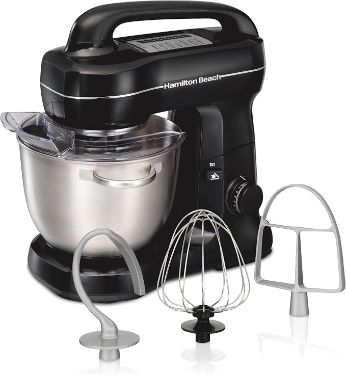 Hamilton Beach 4 Qt Electric Stand Mixer With 7 Speeds, Easy-Carry Handle | Planetary Mixing For Full Bowl Coverage | Splash Guard | 300 Watts | Whisk, Flat Beater, Dough Hook | Mixing Guide | Black