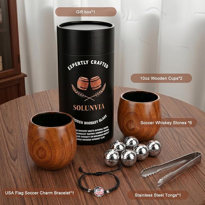 Charred Wooden Bourbon Drinking Glass Wooden Whiskey Glasses Set of 2 Complete Whiskey Gift Set Old Fashioned Glass Bourbon Gifts for Men (2 Pack Soccer)