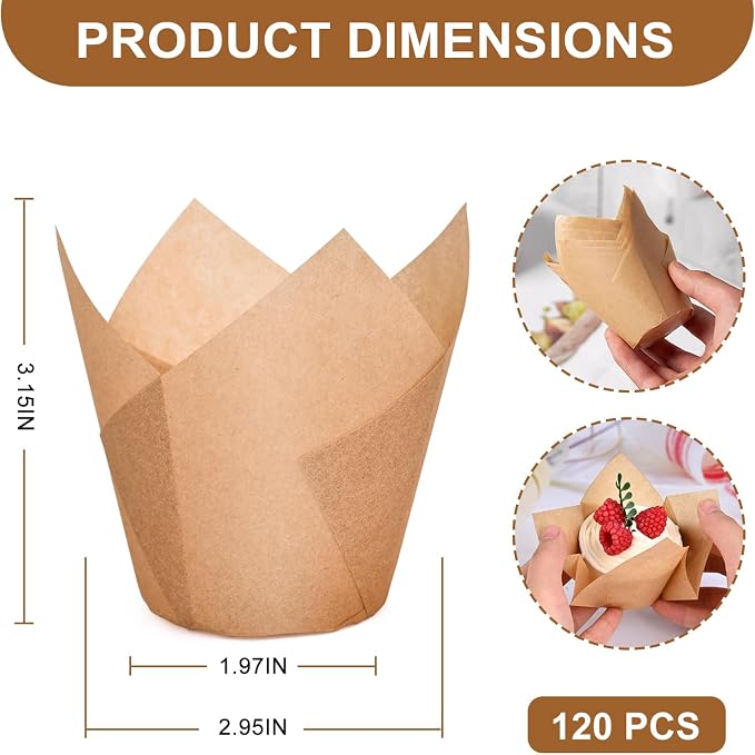 Neyimqr 120 Counts Natural Tulip Cupcake Liners for Baking Cups, Food Grade Parchment Paper Muffin Liners Holders, Standard Tulip Cupcake Liners, Greaseproof Cup Cake Wrappers for Party, Christmas