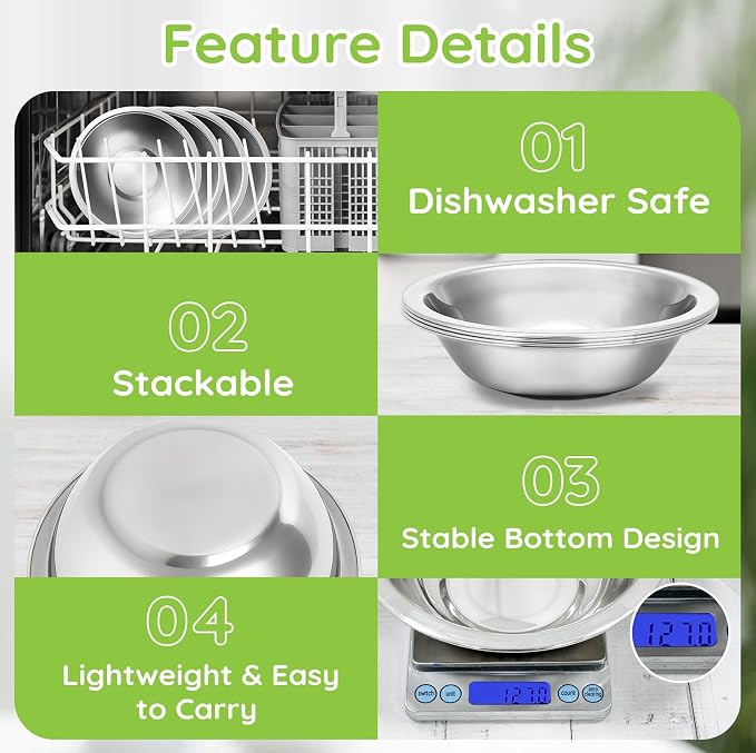 304(18/8) Stainless Steel Mixing Bowls for Kitchen, 4 Pack 8.7" 34.88 fl.oz Metal Mixing Bowls Set Stackable for Baking Serving Cooking Food Prep Storage Dishwasher Safe Lightweight