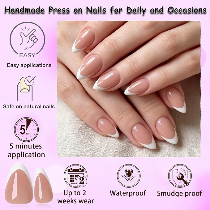 240pc White French Tip Press on Nails Short Almond Acrylic Nail, Coffee Press ons Fake Nails with Glue & Tabs, 12 Sizes Glue on Nails Short Press-on Nail Almond Artificial Stick on Nail for Women