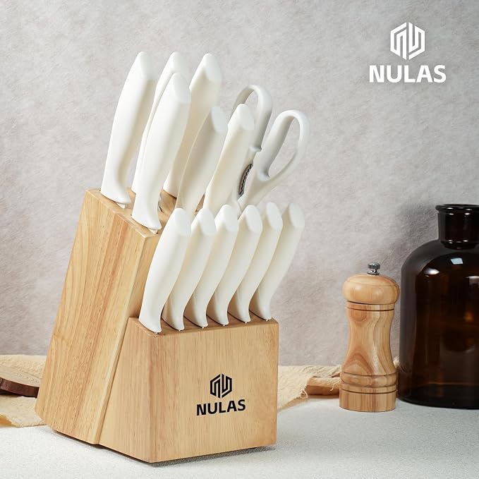 15-Piece Kitchen Knife Set with Block and Built-In Sharpener, Cream | High-carbon stainless steel blades, nonstick coating, ergonomic handles and dishwasher-safe care