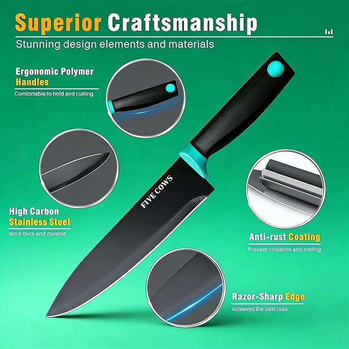 14 Pcs Kitchen Knife Block Set with Sharpener (Green) | German High Carbon Stainless Steel Chef Knives, Ultra Sharp & Durable. Lightweight Anti-Slip Handle, Great For Home Cooking