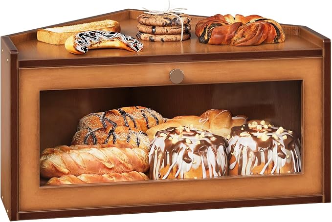 Trironsun Corner Bamboo Bread Box for Kitchen Counter Large Rustic Bread Storage Container with Acrylic Door Space-Saving Vintage Bread Keeper for Homemade Bread (Brown)