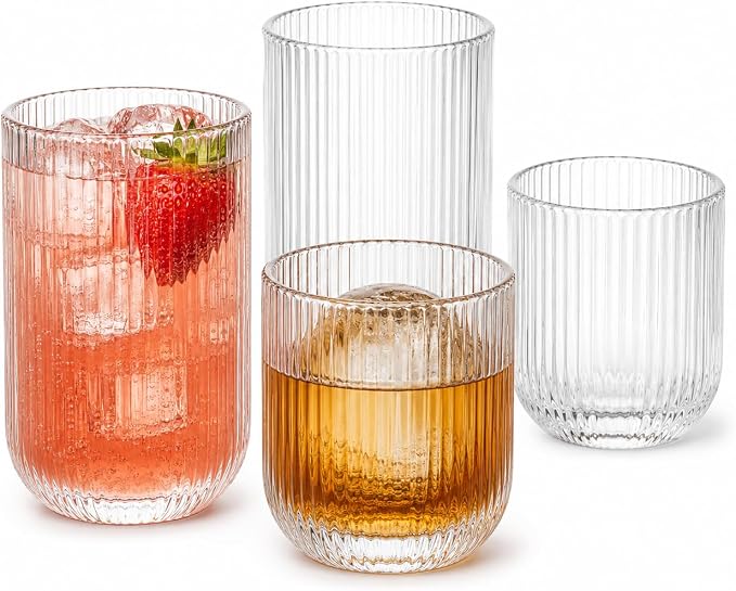 Ribbed Drinking Glasses 4pcs, Rocks Drinking Glasses 12oz and 10oz, Tumbler Glasses Cup Set for Wedding, Party, Christmas Gift, Clear