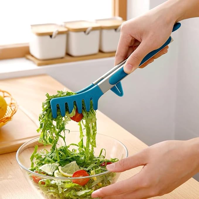 9" Kitchen Tongs for cooking with Silicone Tips, Salad Tongs, Peacock Blue | 3 Pcs Small Silicone Tongs mit Kickstand, Food Grade, 3 different type of tongs, Stainless Steel