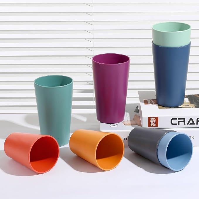 HEYCOME Set of 16 Wheat Straw Cups, 16 Pcs 20 oz Unbreakable Drinking Cups, Reusable Plastic Cups Sets, Water Glasses Tumblers, Microwave & Dishwasher Safe, Bpa Free, 8 Colors