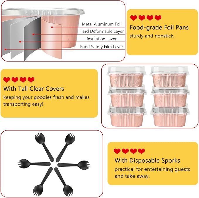 LNYZQUS 10oz Mini Cake Pans with Lids, Small Cinnamon Roll Containers | 40 Pack, Individual, Disposable, Aluminum Foil, Square Baking Tins, 4 Inch Dessert Cups for Bake Sale Treats, Champagne