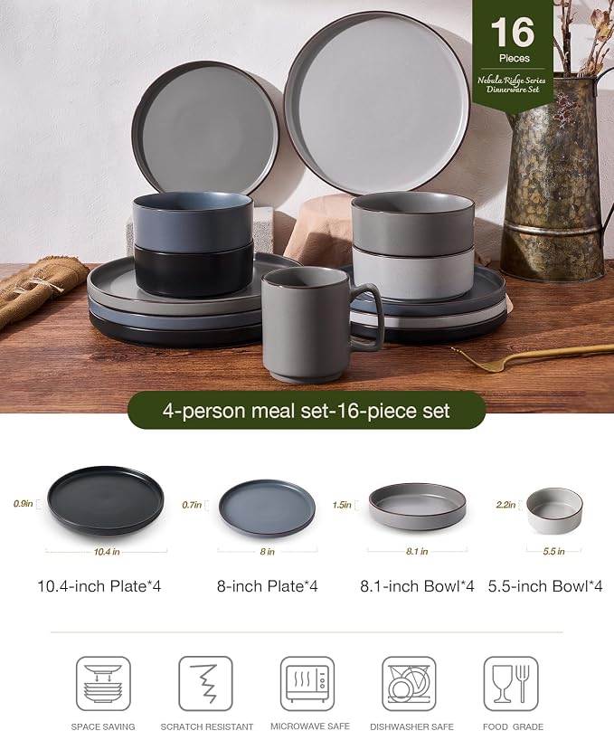 Famiware Nebula Ridge 16-Piece Dinnerware Set with Pasta Bowls, Multi-color | Stoneware Plates and Bowls for 4, Warm Hand-Painted Rims, Microwave and Dishwasher Safe