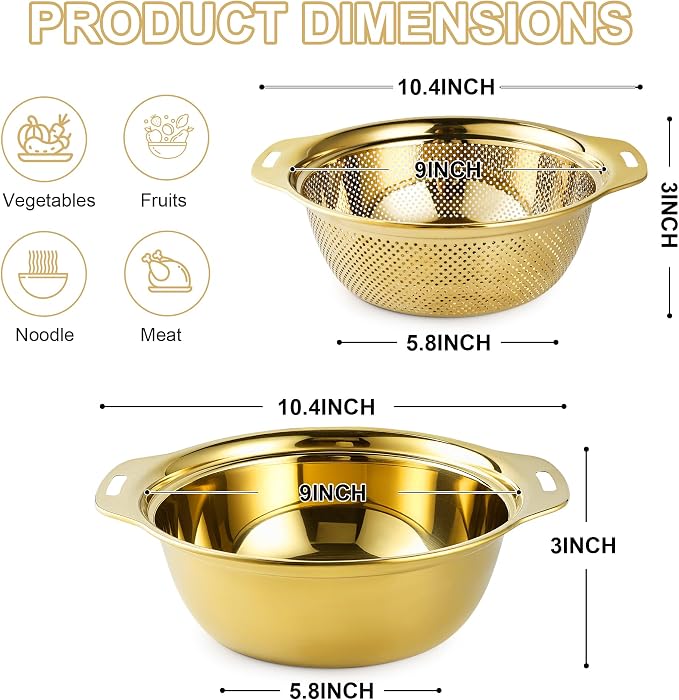 Gulex Colander Stainless Steel 3-quart with Bowls, Strainer Kitchen, Gold
