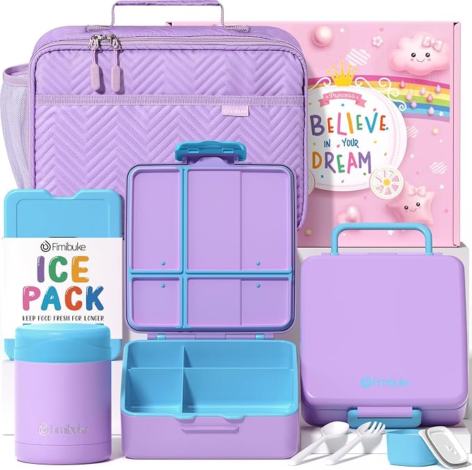Fimibuke Kids Bento Snack Lunch Box with Thermo Insulated Toddler Lunch Bag | Lunch Box Kids with 4 Compartment, Food Jar, Ice Pack, Utensils, Birthday Gifts for Ages 3-12 Back to School Toddler Girl Boy