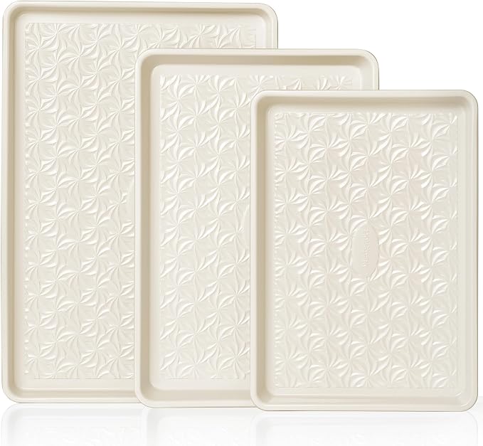 Ceramic Coated Baking Sheet Pan Set of 3 with Floral Texture | Nonstick Aluminized Steel Cookie Sheets, Half, Quarter and Jelly Roll Pans, Shallow Oven Trays, 0.8mm Thick