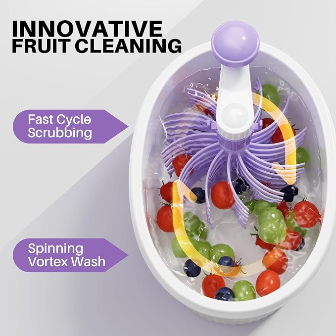 JOYMOOP Fruit Washer Spinner, Fruit Cleaner Spinner with Crank Handle, Hands-Free Fruit & Vegetable Washing Bowl, Manual Fruit Scrubber, Light Lavender