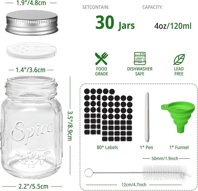 CycleMore 30 Pack 4oz Round Glass Spice Jars with Shaker Lids & Metal Caps | Durable Vintage-Style Glass. Ideal for Spice Organizing & Baking, Includes 80 labels, Collapsible Funnel, Brush & Pen