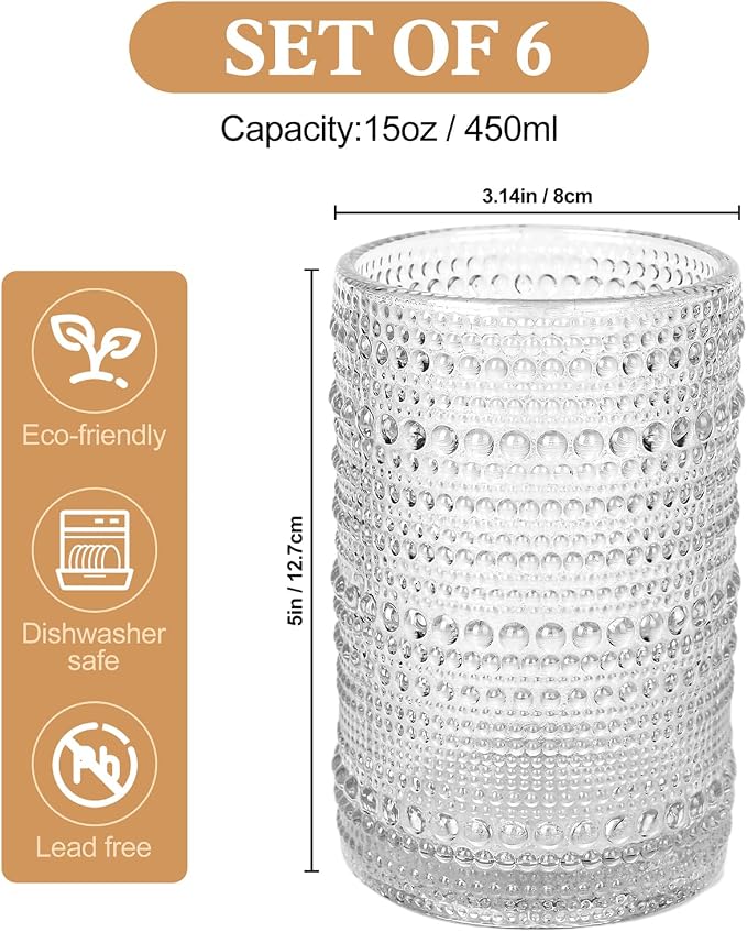 ZMOWIPDL Drinking Glasses Set of 6,15 oz Clear Hobnail Glass Cups | Vintage Glassware，Embossed Water Tumbler,for Beer,Cocktail,Whiskey,Juice and Various Mixed Drinks- 1 Cleaning Brus