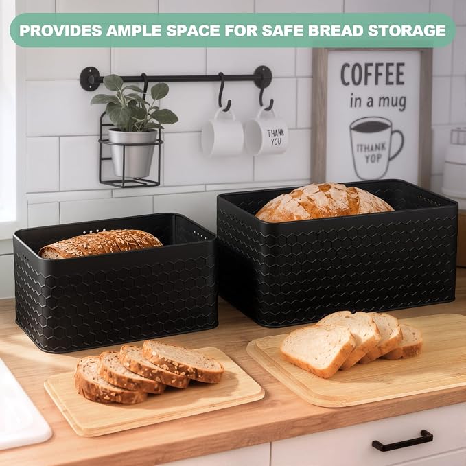 Metal Bread Box Set of 2 with Bamboo Lid, Modern Bread Storage Containers with Air Vents, Bamboo Cutting Board Lid, Farmhouse Kitchen Decor Organizer for Countertop, 2-Size,Embossed Black