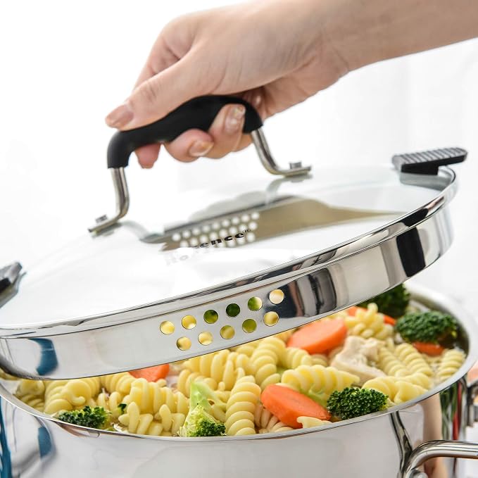 Rorence 6 Quart Stainless Steel Stock Pot, Induction Cooking Pot with Lid | Stockpot Pasta Pot with Two Side Spouts, capsule Bottom, Strainer Glass Lid
