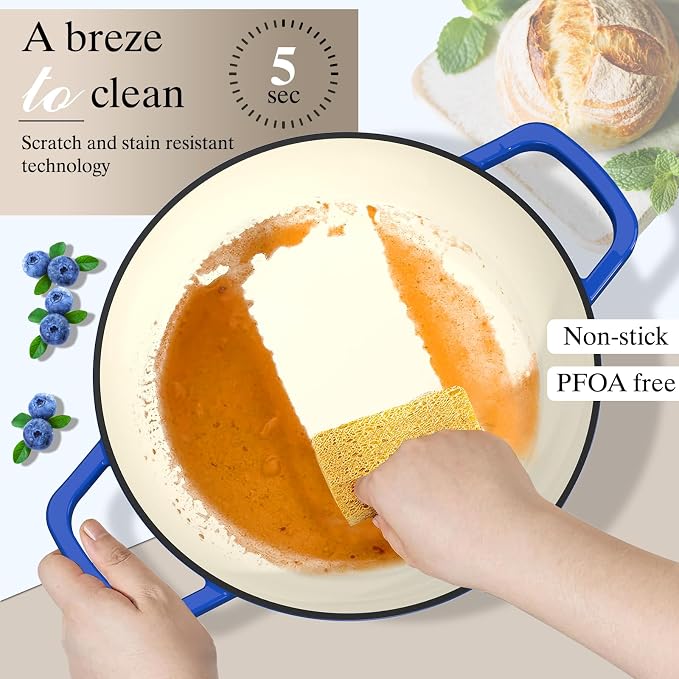 Enamelled Cast Iron Dutch Oven Pot – Dutch Oven Pot with Lid For Sourdough Bread Baking – Cast Iron Bread Oven – Dark Blue, Umite Chef 6QT Pot with Lid & Cotton Potholders