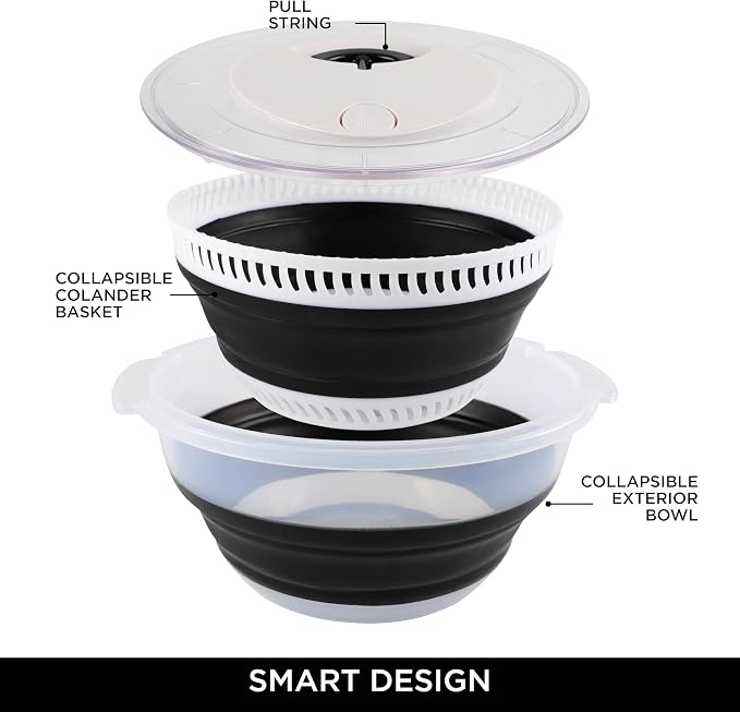 COOK WITH COLOR Collapsible Salad Spinner - 4 QT Space Saving Lettuce Dryer with Folding Collapsible Colander Great for Washing and Drying Fruit and Vegetables (Black)