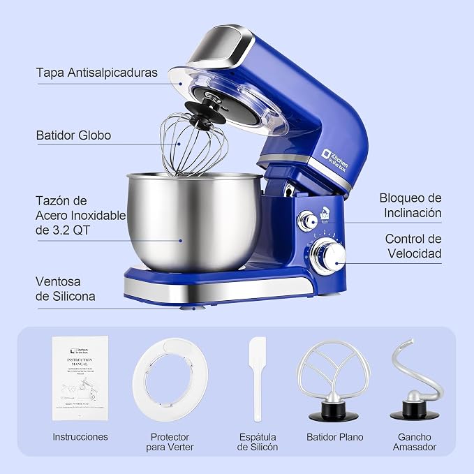 Kitchen in the box Stand Mixer,3.2Qt Mini Electric Food Mixer,6 Speeds Portable Lightweight Kitchen Mixer for Daily Use with Egg Whisk,Dough Hook,Flat Beater (Reflex Blue)