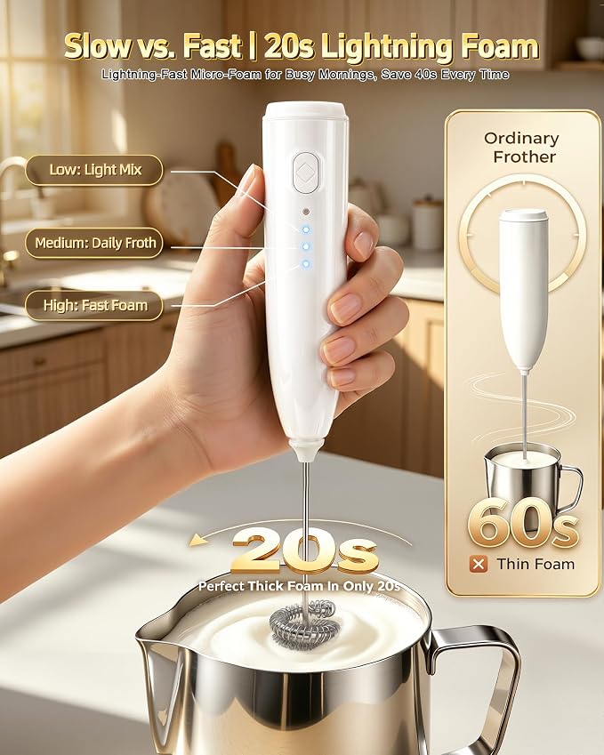 Milk Frother Handheld,Portable Electric Drink Mixer&Wand,Egg Whisk (White) | USB C Rechargeable | 3 Adjustable Speeds | 3 Detachable Whisks | Quiet Operation | For Coffee, Latte, Matcha,protein powder