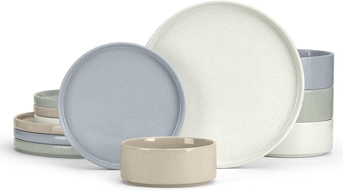E-far Stoneware Dinnerware Sets, 12-Piece Plates and Bowls Set for 4 | Kitchen Modern Dishes Dining Ware, Chip and Scratch Resistant, Microwave & Dishwasher Safe, Speckled Multicolor