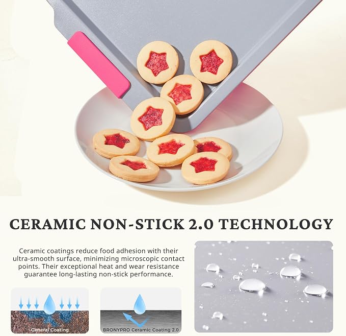 BRONYPRO Non Stick Ceramic Baking Sheet Pan Set of 3, Non Toxic Cookie Sheets (PFAS/PFOA/PTFE Free), Aluminized Steel Oven Trays with Silicone Handles, Rust-Resistant, Warp-Resistant to 500°F, Rose