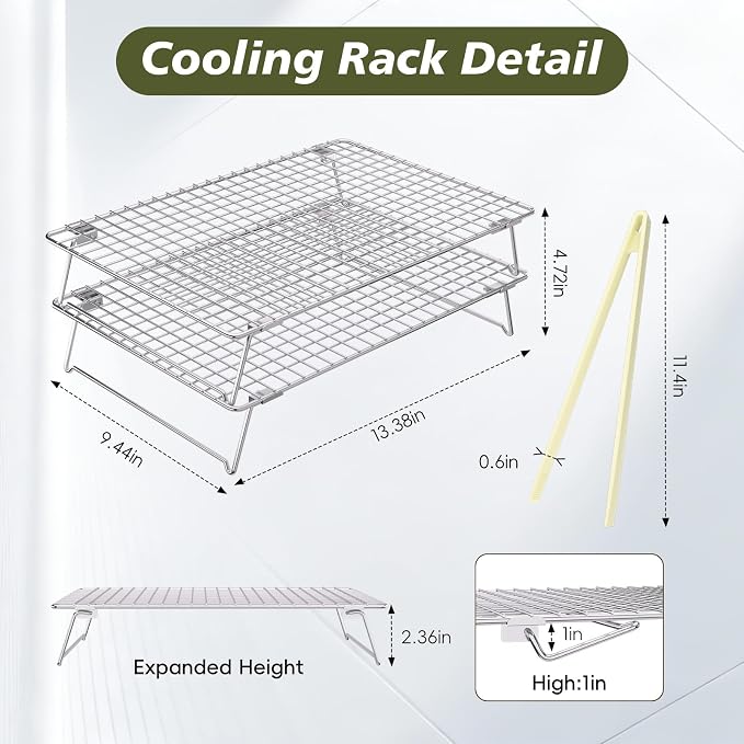 13 * 9.4 IN 2-Tier 304 Stainless Steel Cooling Rack with a kitchen tong | Cookie Cooling Racks for Baking, Collapsible Cooling Racks for Cooking and Baking Cookie Pizza Cake, Oven and Dishwasher Safe