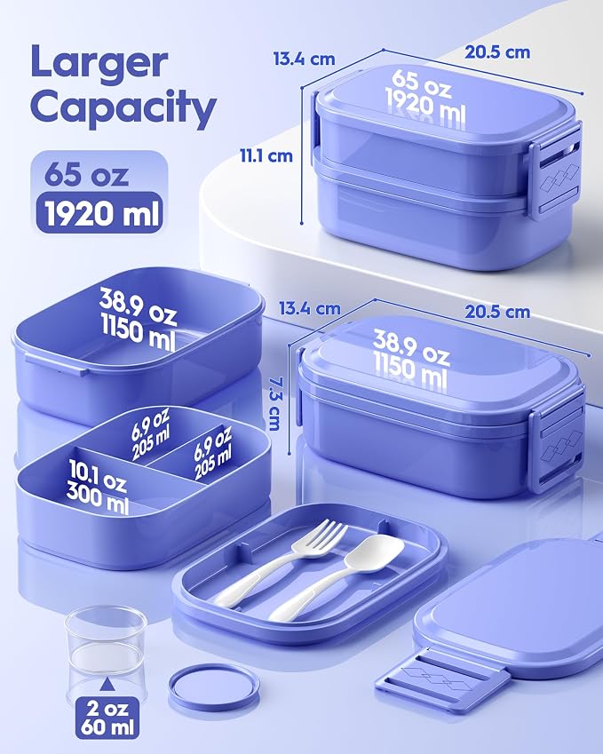 BiuLeon Bento Box Adult Lunch Box, 65 Oz Capacity Lunch Containers(Adjustable 2/3 Tier), BPA-Free, Leak-Proof and Stackable Bento Lunch Box, Microwave & Dishwasher Safe with Utensils(Macaron)