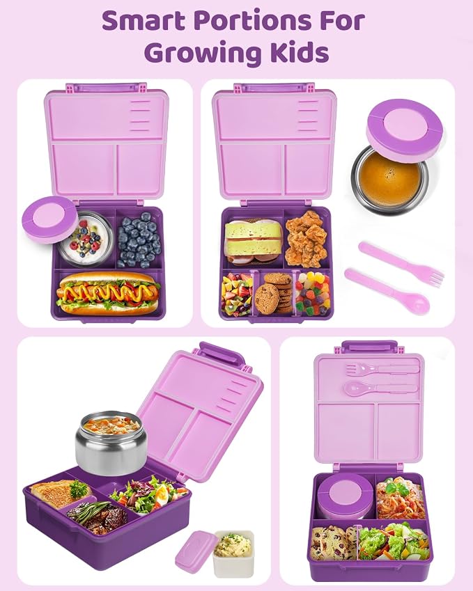 SOHIDA Bento Box with 10oz Soup Thermo: Kids Leakproof Lunch Box with 3 Compartments - Dishwasher Safe and BPA-Free - Vacuum Insulated Food Jar Suitable for Kids Back to School, Travel - Purple