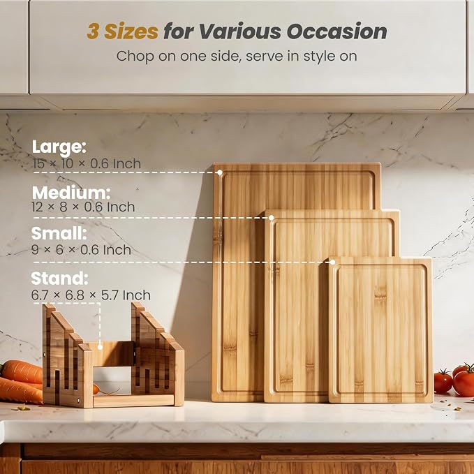 Bamboo Cutting Board for Kitchen, Double-Sided with Stand, Natural | 3-piece Chopping Board Set With Juice Grooves, Vertical Storage Rack, and Comfort Side Handles for Effortless Meal Prep