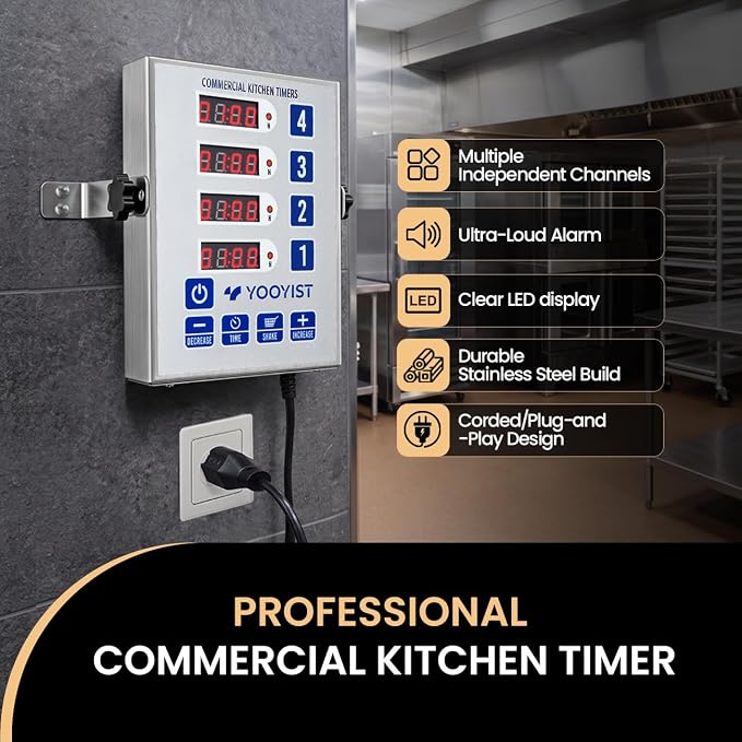 Precision Kitchen Timers for Cooking – 4 Channel Commercial Kitchen Timer Restaurant Kitchen Supplies – Stainless Steel Digital LED Chef Cooking Timer – Reminder Function, Loud Alarm, Silver